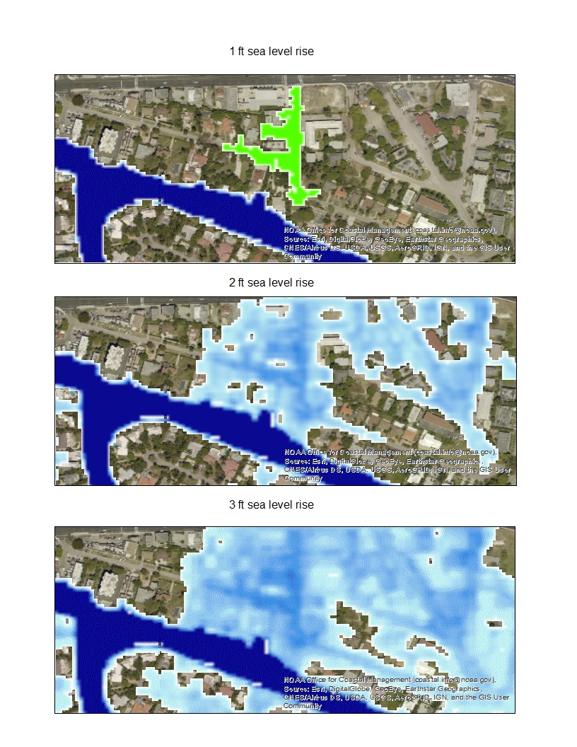 Maps show portions of Shorecrest that would be affected by 1, 2 and 3 feet of sea level rise